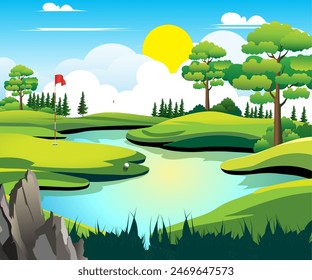 Vector illustration of a beautiful and shady golf course.