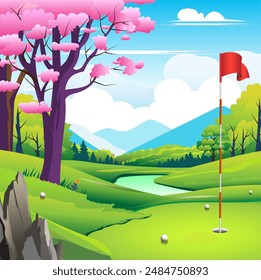 Vector illustration of a beautiful and shady golf course.