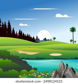 Vector illustration of a beautiful and shady golf course.
