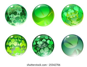 Vector illustration of the beautiful shiny balls decorated with clover leaves. Ideal for St Patrick's day.