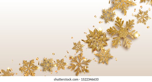 Vector illustration of beautiful shiny complex Christmas snowflakes made of sparkles in golden colors with shadows on light background