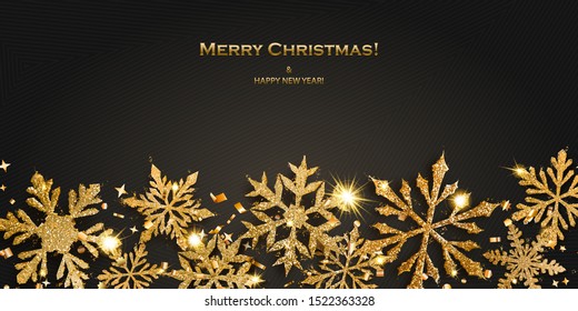 Vector illustration of beautiful shiny complex Christmas snowflakes made of sparkles in golden colors with shadows on dark background