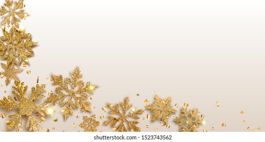 Vector illustration of beautiful shiny complex Christmas snowflakes made of sparkles in golden colors with shadows on light background