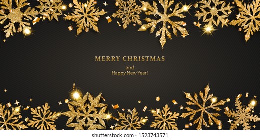 Vector Illustration Of Beautiful Shiny Complex Christmas Snowflakes Made Of Sparkles In Golden Colors With Shadows On Dark Background