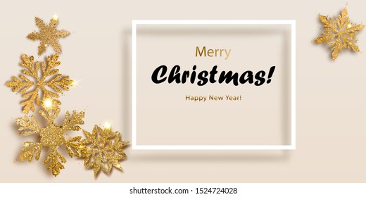 Vector illustration of beautiful shiny complex Christmas snowflakes made of sparkles in golden colors and white frame with shadow and inscription on light background