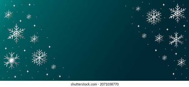 Vector illustration of beautiful shiny complex Christmas snowflakes made of sparkles in silver color on dark green background