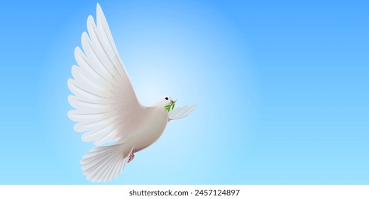 Vector illustration of a beautiful shiny white dove holds twig symbol of peace flying way up in a blue sky, realistic dove vector design.