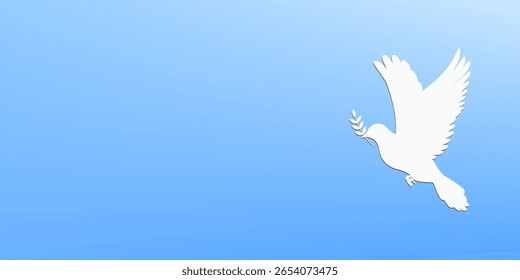 Vector illustration of a beautiful shiny white dove holds twig symbol of peace flying way up in a blue sky, dove vector design