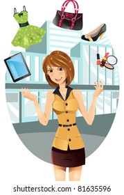 A Vector Illustration Of A Beautiful Shopping Woman Juggling Her Shopping Items