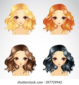 Vector illustration of beautiful short curly fluffy hairstyle set in four color