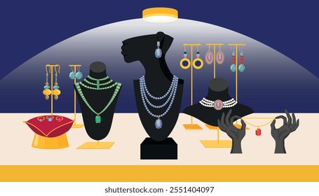 Vector illustration of a beautiful showcase with luxurious jewelry. Cartoon scene female busts stand, hands, pillows with precious necklaces, earrings, rings on the table illuminated by light.