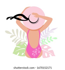 Vector illustration with beautiful silhouette of a girl from the back  in a hat on a white background. Vacation concept, summer concept. Tropical leaves