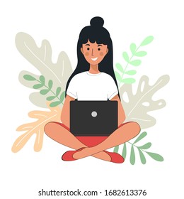 Vector illustration with beautiful silhouette of a girl sitting at a computer on a background of leaves. Work at home concept. Corona virus concept. Epidemic disease concept