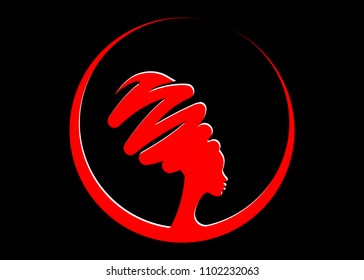 Vector illustration. Beautiful silhouette of long hair woman on black background. Concept design for beauty salons, spa, cosmetics, fashion, beauty industry. Vector red logo icon diadem label isolated