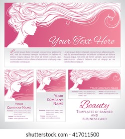 Vector illustration. Beautiful silhouette of long hair woman on pink background. Templates of banner and business card. Concept design for beauty salons, spa, cosmetics, fashion and beauty industry. 