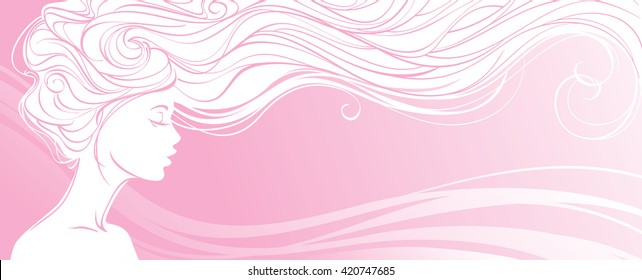 Vector illustration. Beautiful silhouette of long hair woman on pink background. Concept design for beauty salons, spa, cosmetics, fashion and beauty industry. 