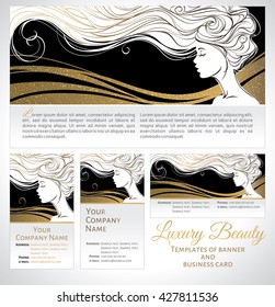 Vector illustration. Beautiful silhouette of long hair woman on black and golden background. Templates of banner and business card for beauty salons, spa, cosmetics, fashion and beauty industry. 