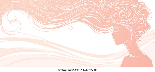 Vector illustration. Beautiful silhouette of long hair woman on light pink background. Concept design for beauty salons, spa, cosmetics, fashion and beauty industry. 