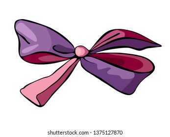 Vector illustration of beautiful silk bow in violet and pink colors isolated on white and fabric  element design for decoration