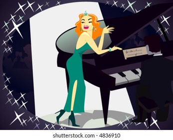 vector illustration of beautiful singer beside piano on shiney background