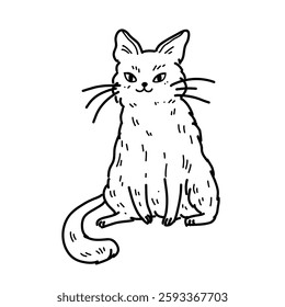 Vector illustration of a beautiful sitting kitten with cute smile and long whiskers on white background. For children's coloring books and veterinary clinic icons