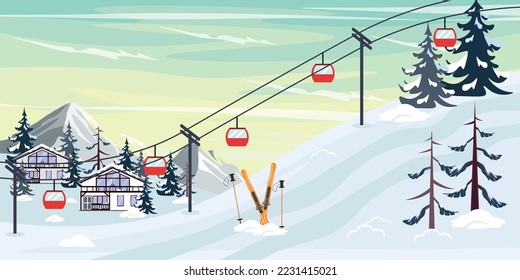 Vector illustration of a beautiful ski resort. Cartoon mountains landscape with snow slides, skis, Christmas trees, lifts, resort houses.