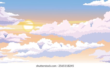 Vector illustration of a beautiful sky with cumulus clouds. Cartoon scene with bright sunset or sunrise, fluffy white clouds, sky of pastel shades. Blue, orange, yellow shades. Heaven. Sky landscape.