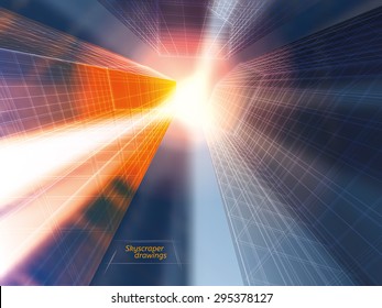 Vector illustration of beautiful skyscrapers. View from below. Useful abstract urban background for business brochure, leaflet, print and other modern and futuristic design.