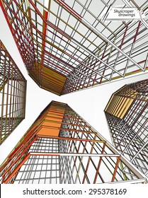 Vector illustration of beautiful skyscrapers. View from below. Useful abstract urban background for business brochure, leaflet, print and other modern and futuristic design.