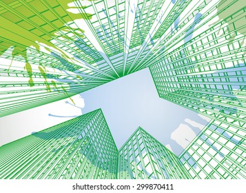 Vector illustration of beautiful skyscrapers. View from below. Useful abstract urban background for business brochure, leaflet, print and other modern and futuristic design.