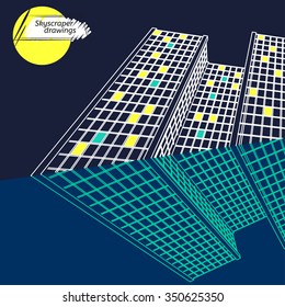 Vector illustration of beautiful skyscrapers. View from below. Useful abstract urban background for business brochure, leaflet, print and other modern and futuristic design.