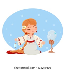 vector illustration of a beautiful Slavic girl with long braid in national costume with daisies spins yarn on spinning wheel with spindle, an embroidered shirt and sundress, red coral beads earrings