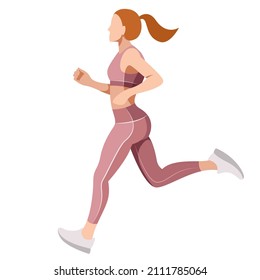 vector illustration of a beautiful slender girl in a sports uniform (leggings and a sports bra) is engaged in fitness, sports, trains isolated on a white background. woman runs. morning run. jogging.