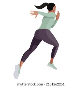 vector illustration of a beautiful slender girl in a sports uniform (leggings and a sports bra) is engaged in fitness, sports, trains isolated on a white background. woman runs. morning run. jogging