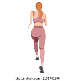 vector illustration of a beautiful slender girl in a sports uniform (leggings and a sports bra) is engaged in fitness, sports, trains isolated on a white background. woman runs. morning run. jogging