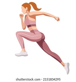 vector illustration of a beautiful slender girl in a sports uniform (leggings and a sports bra) is engaged in fitness, sports, trains isolated on a white background. woman runs. morning run. jogging.