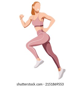 vector illustration of a beautiful slender girl in a sports uniform (leggings and a sports bra) is engaged in fitness, sports, trains isolated on a white background. woman runs. morning run. jogging