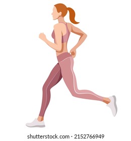 vector illustration of a beautiful slender girl in a sports uniform (leggings and a sports bra) is engaged in fitness, sports, trains isolated on a white background. woman runs. morning run. jogging