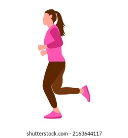 Vector illustration of a beautiful slender girl in a sports uniform is engaged in fitness, sports, trains isolated on a white background. Young woman runs. Morning run. 