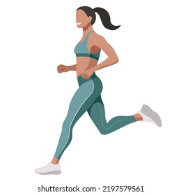 vector illustration of a beautiful slender girl in a sports uniform (leggings and a sports bra) is engaged in fitness, sports, trains isolated on a white background. woman runs. morning run. jogging.