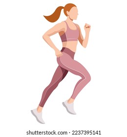 vector illustration of a beautiful slender girl in a sports uniform (leggings and a sports bra) is engaged in fitness, sports, trains isolated on a white background. woman runs. morning run. jogging.