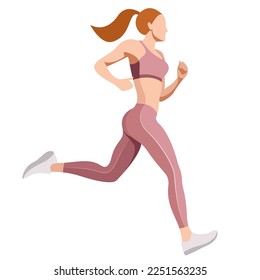 ilustración vectorial de una hermosa chica delgada con uniforme deportivo (piernas y sujetador deportivo) se dedica a la puesta en forma, deportes, trenes aislados en un fondo blanco. la mujer corre. correr por la mañana. trotando.