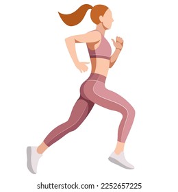 vector illustration of a beautiful slender girl in a sports uniform (leggings and a sports bra) is engaged in fitness, sports, trains isolated on a white background. woman runs. morning run. jogging.