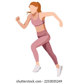 ilustración vectorial de una hermosa chica delgada con uniforme deportivo (piernas y sujetador deportivo) se dedica a la puesta en forma, deportes, trenes aislados en un fondo blanco. la mujer corre. correr por la mañana. trotando.