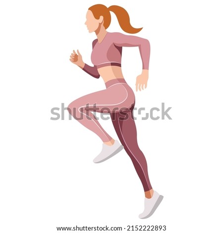 vector illustration of a beautiful slender girl in a sports uniform (leggings and a sports bra) is engaged in fitness, sports, trains isolated on a white background. woman runs. morning run. jogging.