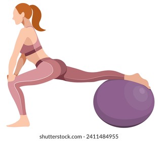 vector illustration of a beautiful slim girl in sportswear (leggings and a sports bra) doing fitness, sports, working out, doing exercises with a fitness ball isolated on a white background.