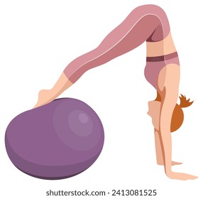 vector illustration of a beautiful slim girl in sportswear (leggings and a sports bra) doing fitness, sports, working out, doing exercises with a fitness ball isolated on a white background.