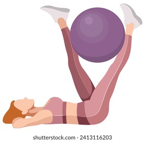 vector illustration of a beautiful slim girl in sportswear (leggings and a sports bra) doing fitness, sports, working out, doing exercises with a fitness ball isolated on a white background.