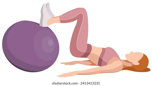 vector illustration of a beautiful slim girl in sportswear (leggings and a sports bra) doing fitness, sports, working out, doing exercises with a fitness ball isolated on a white background.