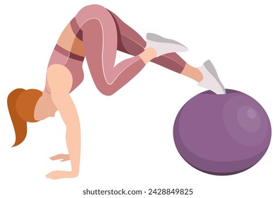 vector illustration of a beautiful slim girl in sportswear (leggings and a sports bra) doing fitness, sports, working out, doing exercises with a fitness ball isolated on a white background.